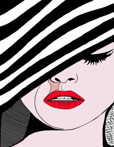375x486 Striped Hat And Red Lips Limited Editon Of Drawing - Red Lips Drawing