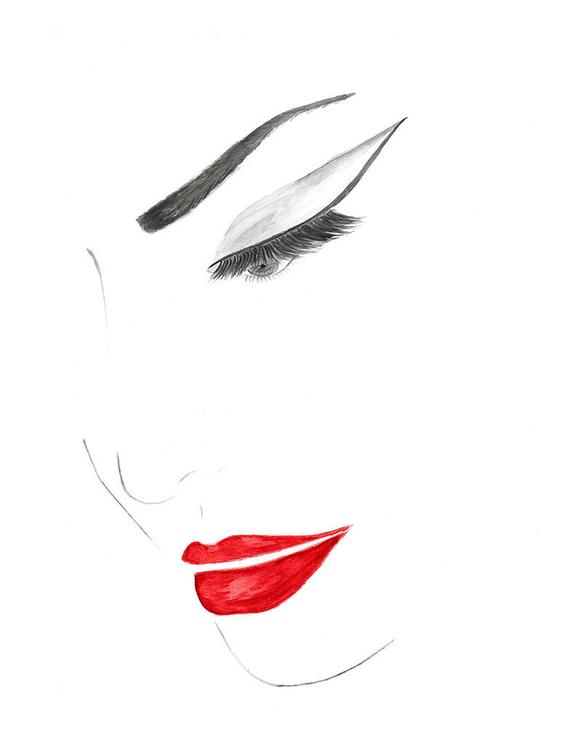 570x738 Hand Drawn Watercolor Red Lips Cat Eye Fashion Illustration Etsy - Red Lips Drawing