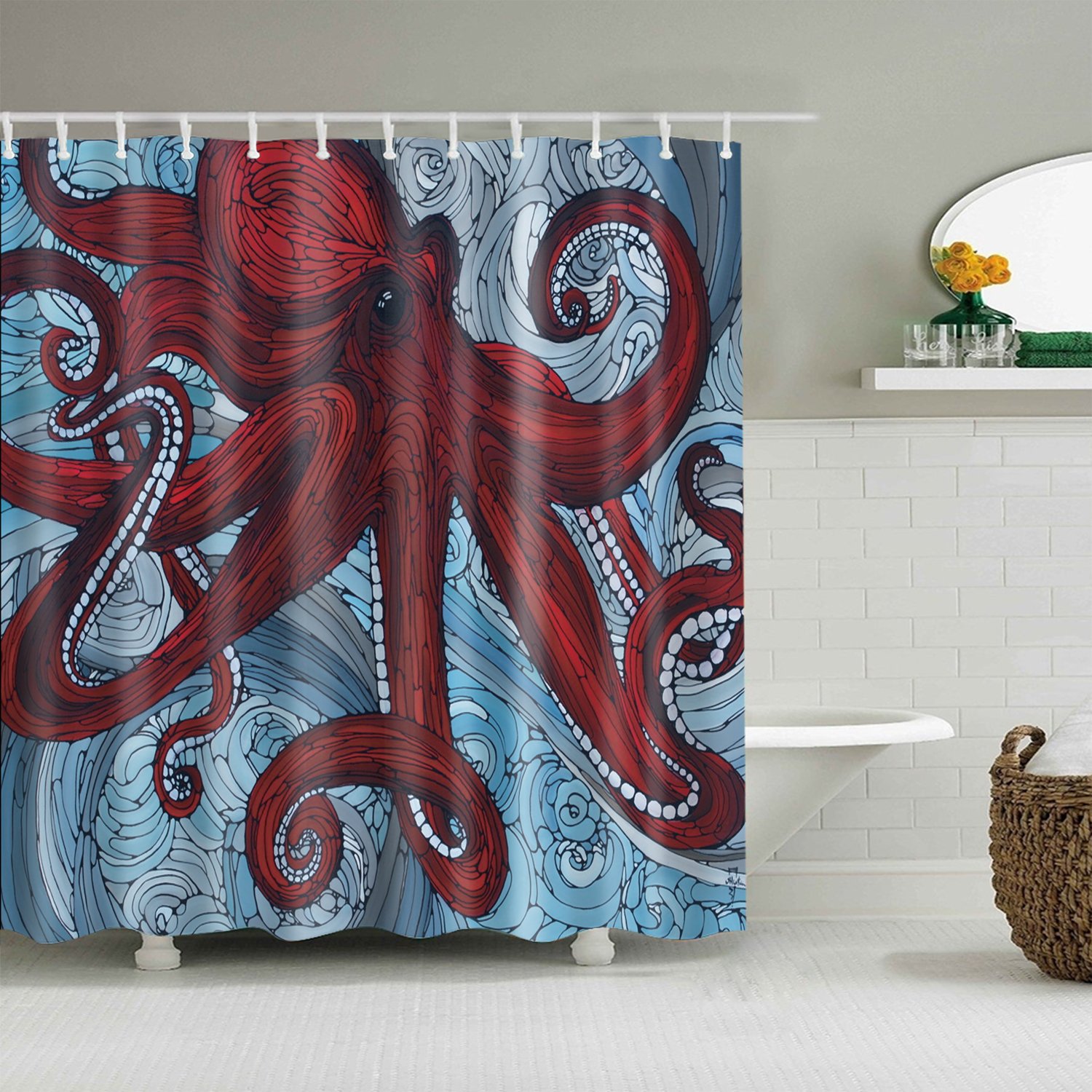 1500x1500 line drawing art colossal red octopus shower curtain gojeek - Red Octopus Drawing
