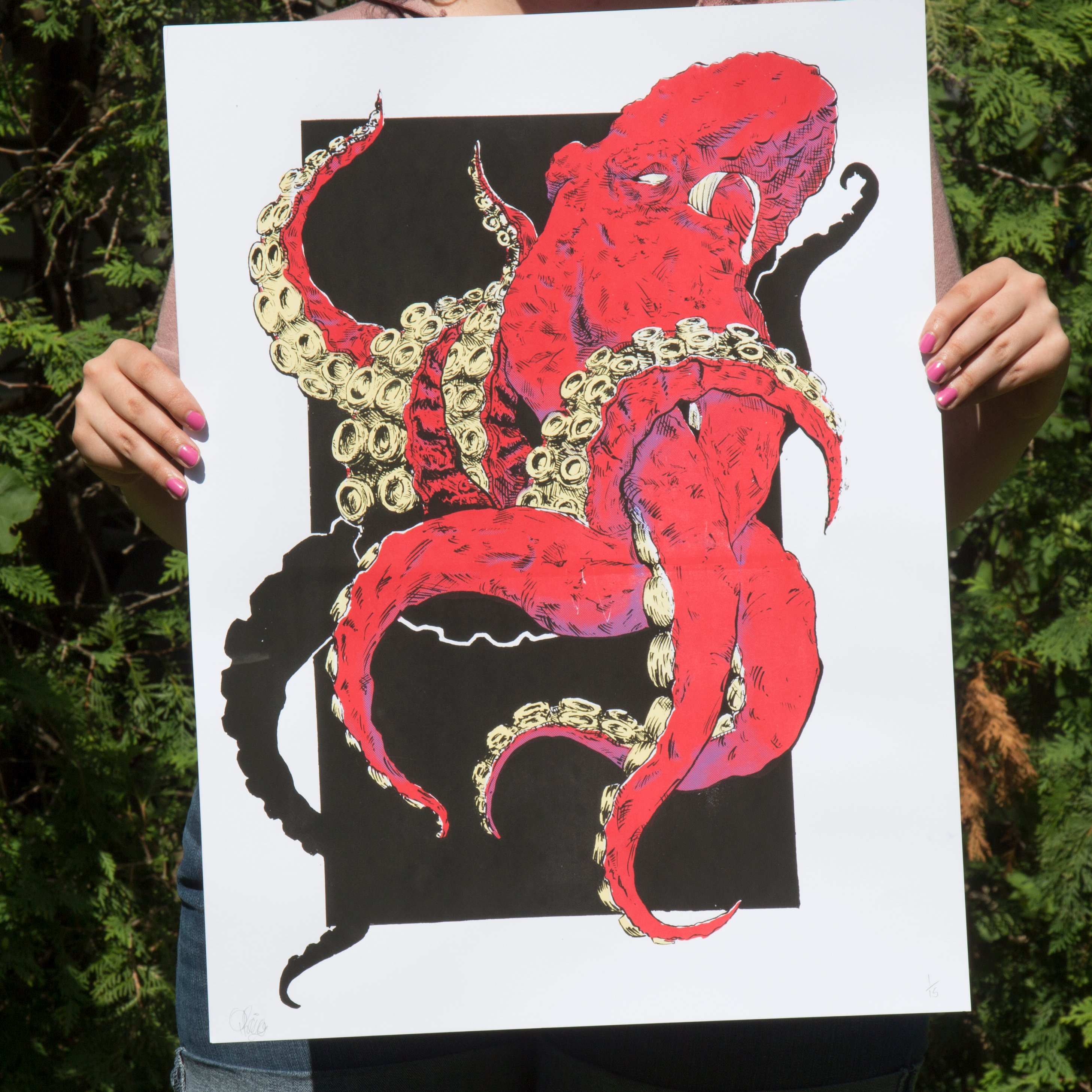 2916x2916 Red Octopus Screen Print Troublemaker Print - Red Octopus Drawing