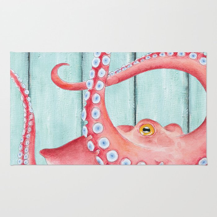 700x700 red octopus teal green shabby nautical rug - Red Octopus Drawing