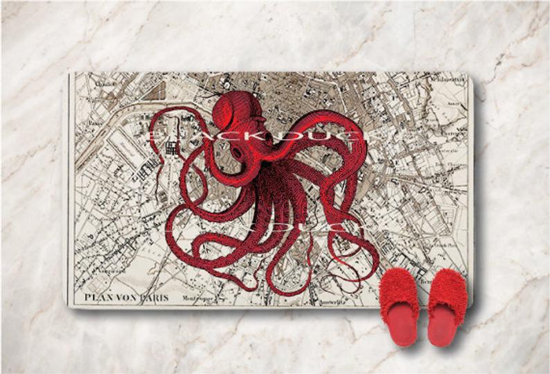 794x540 red octopus dancing on antique france street map bath mat etsy - Red Octopus Drawing