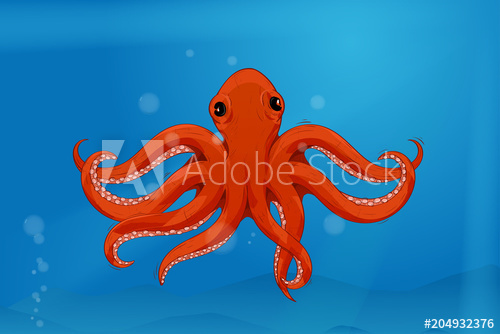 500x334 Red Octopus In Blue Water Colored Drawing - Red Octopus Drawing
