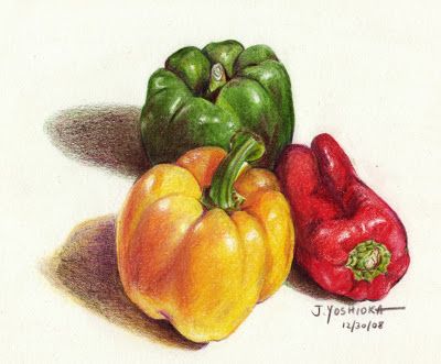 400x331 colored pencil drawing of red, green, and red peppers crayons - Red Pepper Drawing