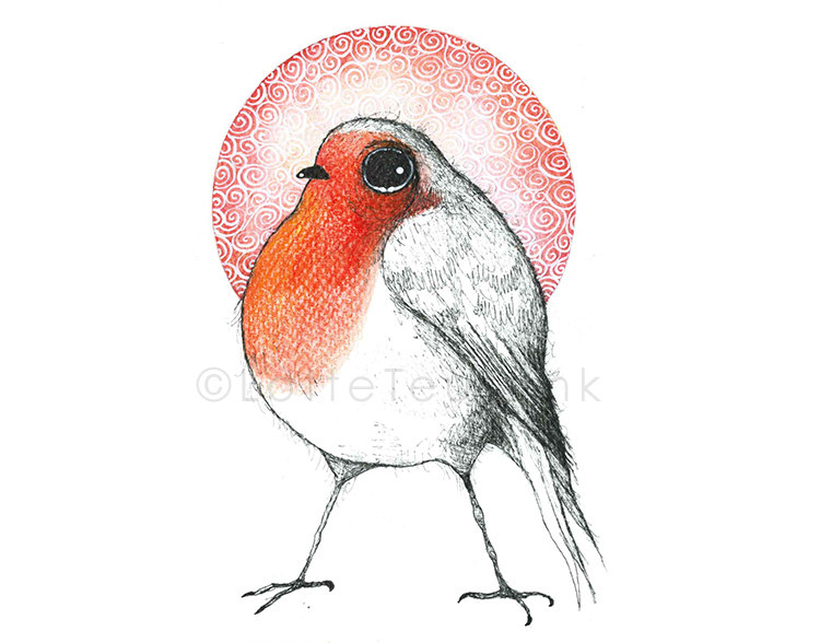 750x588 original illustration of a cute bird, whimsical red robin drawing - Red Robin Bird Drawing