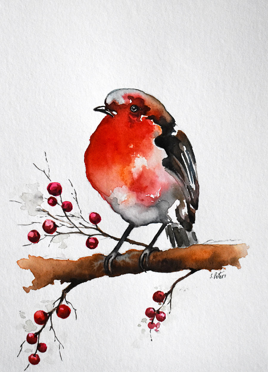 900x1251 Watercolor Bird Painting Red Robin Christmas Illustration Etsy - Red Robin Bird Drawing