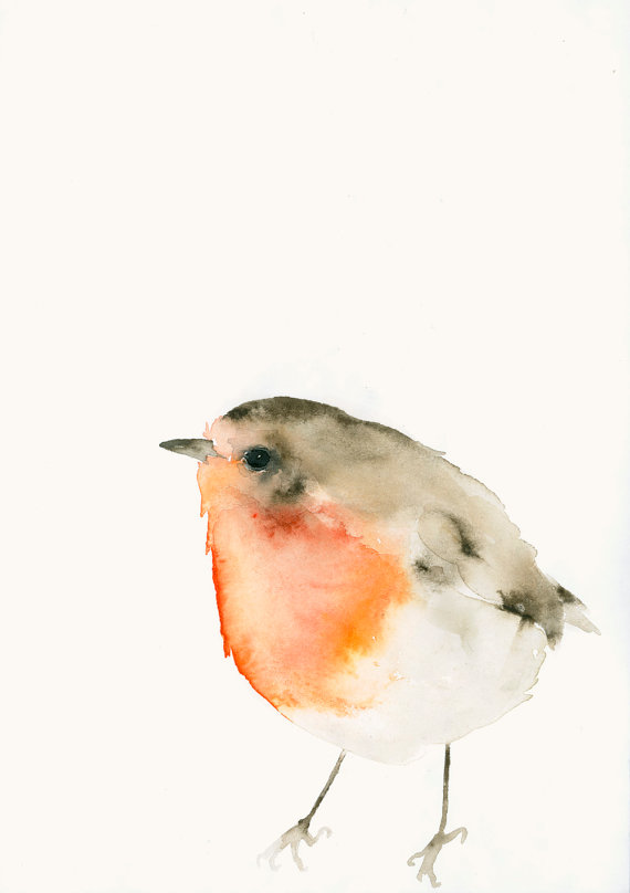 570x808 Bird Art Print From Original Watercolor Little Red Robin - Red Robin Bird Drawing