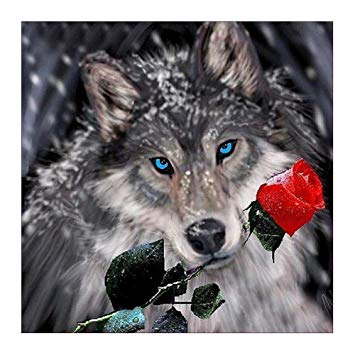 355x355 Vikenner Diy Diamond Painting, Wolf And Red Rose Flower Crystal - Red Wolf Drawing