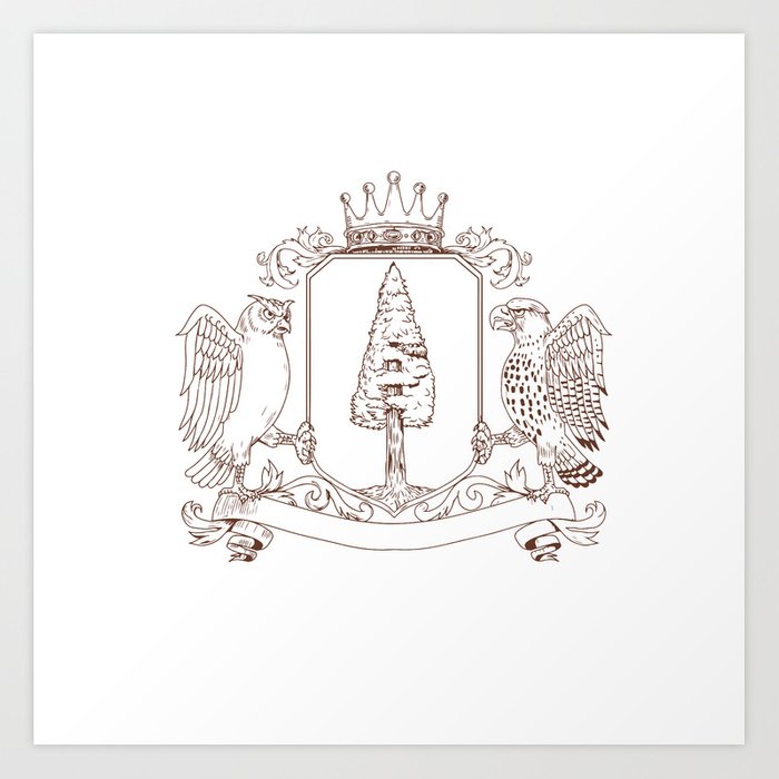 700x700 owl and hawk redwood crown crest drawing art print - Redwood Drawing