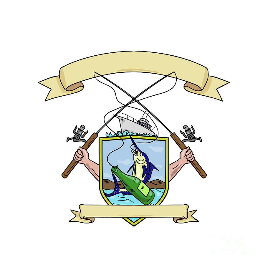 900x900 fishing rod reel blue marlin fish beer bottle coat of arms drawing - Reel Drawing