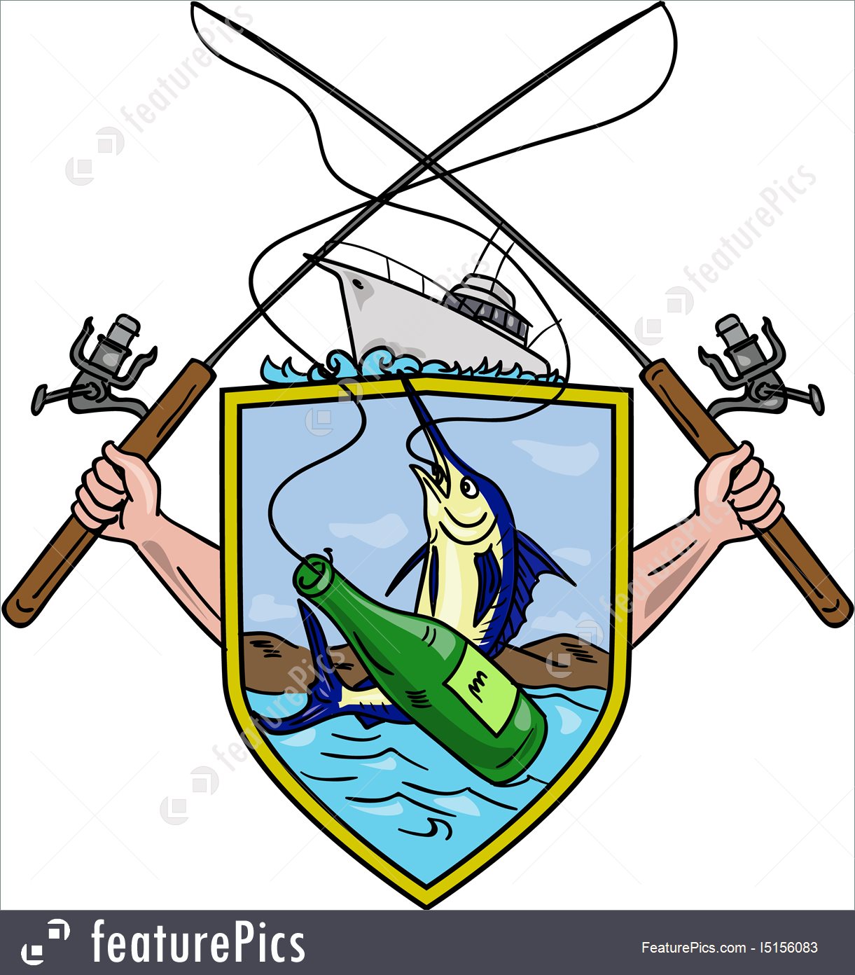 1221x1392 illustration of fishing rod reel blue marlin beer bottle coat - Reel Drawing