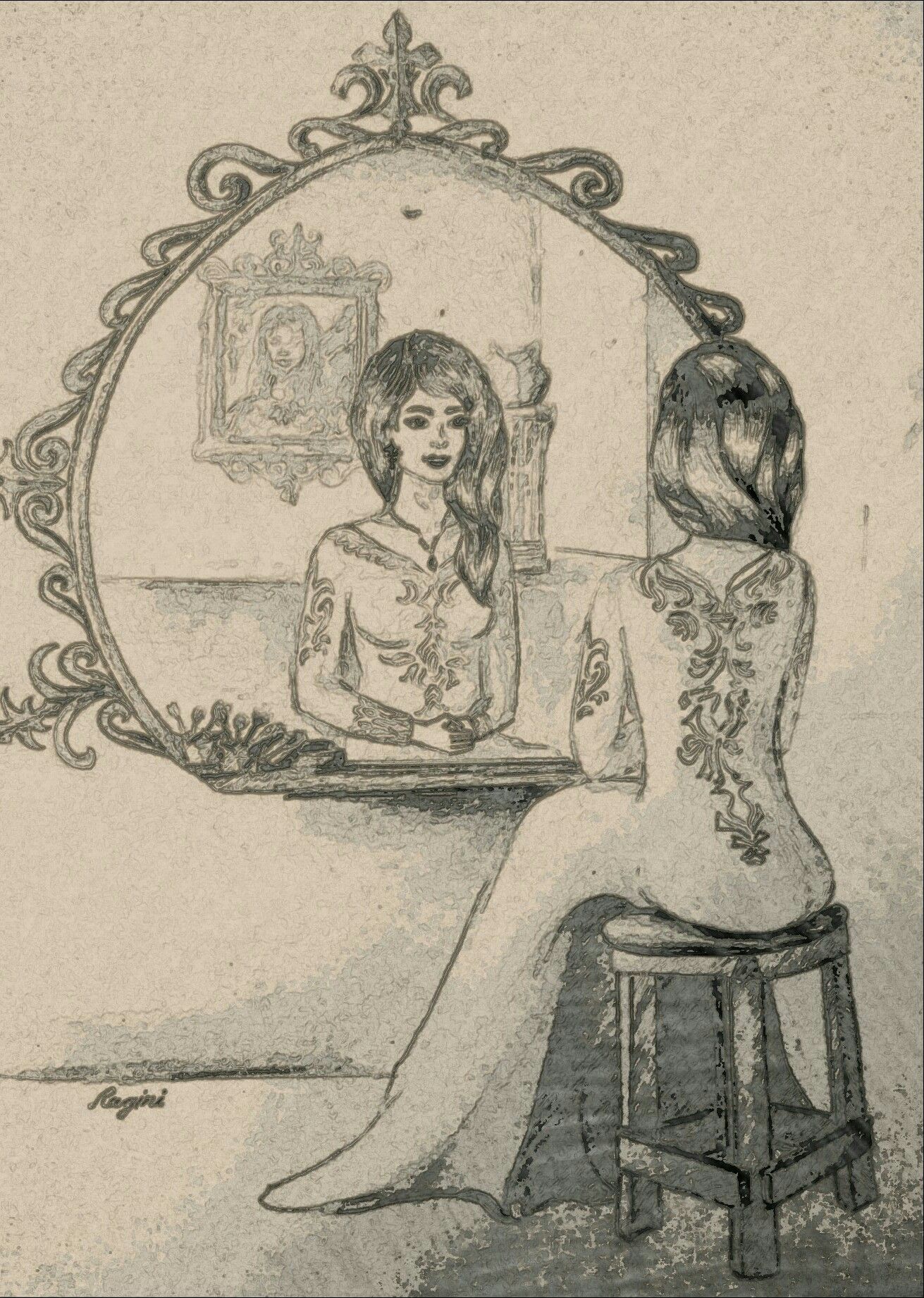 1311x1842 pencil sketch, own imagination,mirror reflection drawing etc - Reflection Drawing