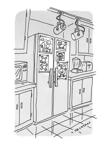 366x488 refrigerator, covered with kids' drawings, has special track - Refrigerator Drawings