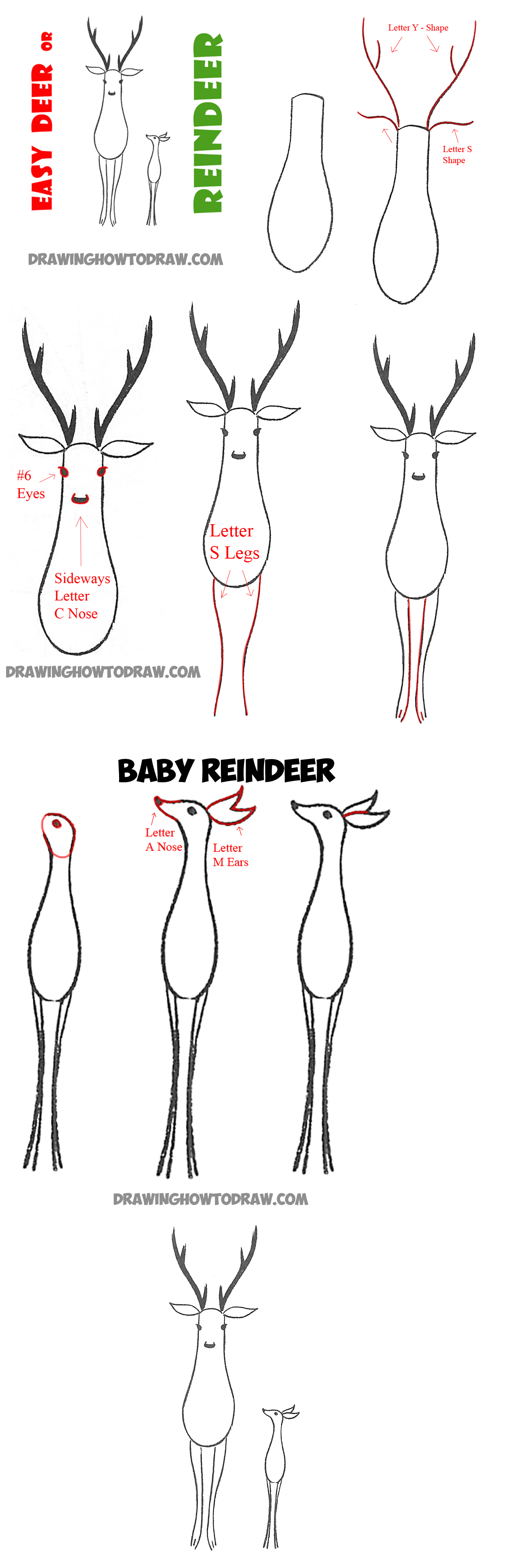 1368x4104 how to draw easy reindeer or deer for preschoolers and kids - Reindeer Antlers Drawing