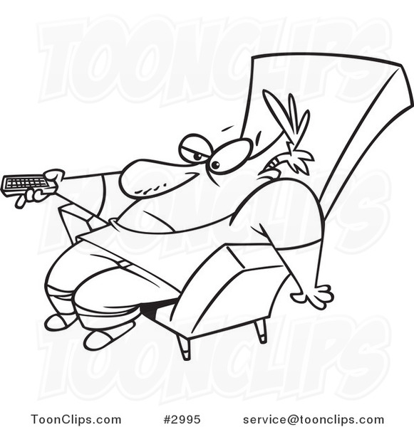 581x600 Cartoon Black And White Line Drawing Of A Bored Guy Slumped - Remote Drawing