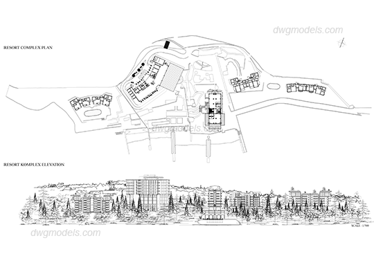 540x380 elevation resort complex dwg, free cad blocks download - Resort Drawing