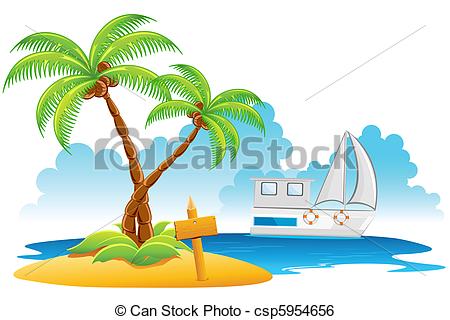 450x320 beach resort illustration of palm tree on island with yatch in sea - Resort Drawing