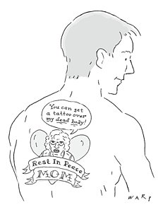 231x300 the cartoons shows a man with a large back tattoo drawing - Rest In Peace Drawings