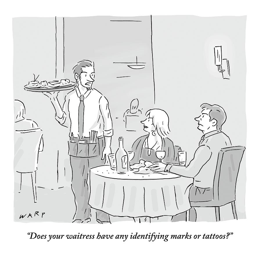 892x900 a waiter speaks to a couple in a restaurant drawing - Restaurant Drawing