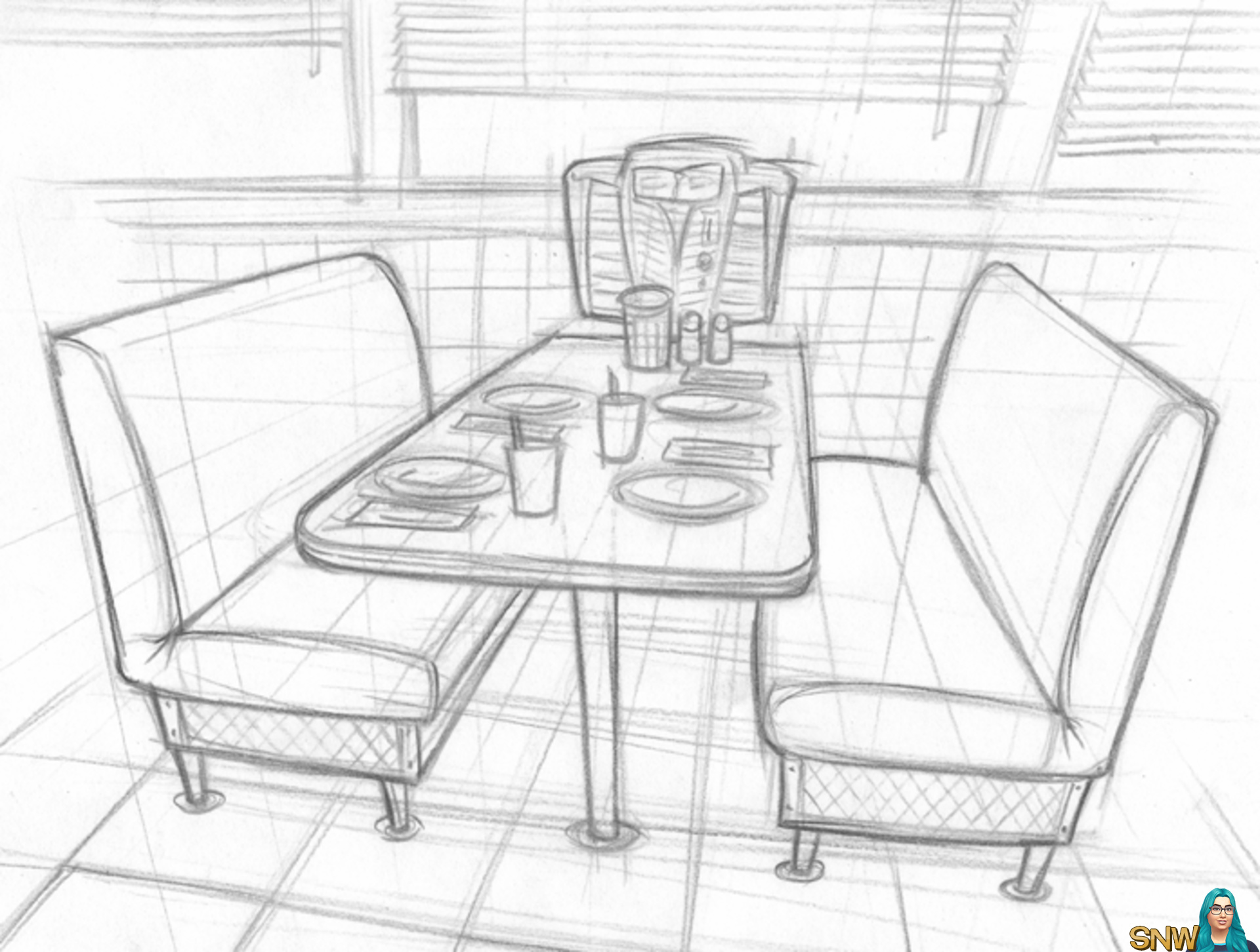 1920x1452 Diner Drawing Restaurant Booth For Free Download - Restaurant Drawing