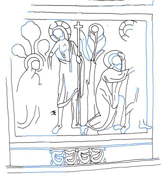 552x618 drawing of the resurrection scene on the north wall in the nave - Resurrection Drawing