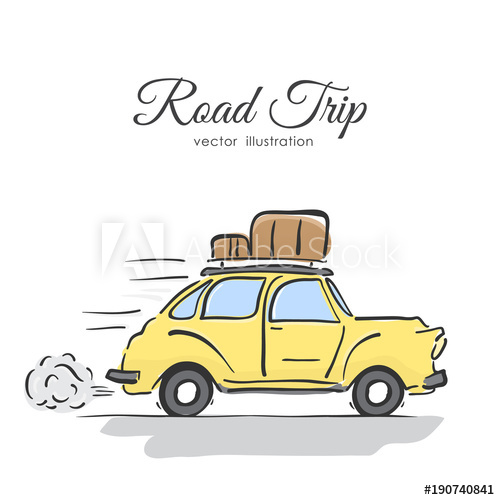 500x500 hand drawing isolated yellow retro car with luggage on the roof - Retro Car Drawing
