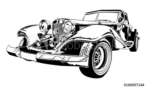 500x300 retro car ink drawing, vintage style vector old car, can be used - Retro Car Drawing