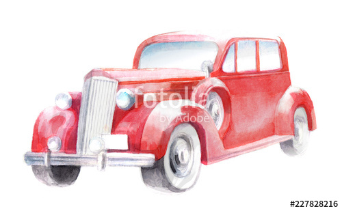 500x309 hot rod, isolated watercolor illustration of a red retro car - Retro Car Drawing