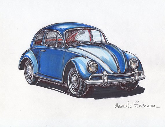 570x439 classic volkswagen beetle illustration drawing original art etsy - Retro Car Drawing