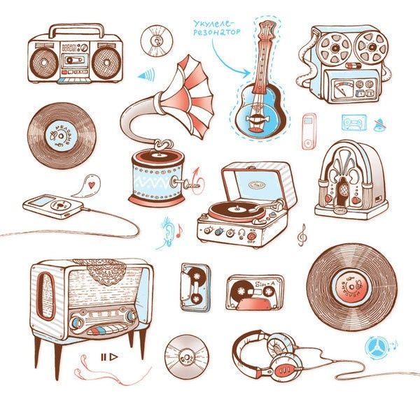600x598 retro music making illustrations graphic design logos - Retro Drawings