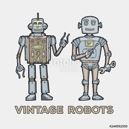 500x500 funny sketch vintage robots printable version set cheerful - Retro Robot Drawing