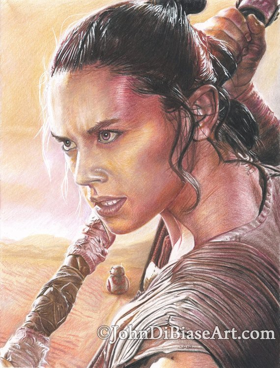 570x750 drawing print of colored pencil drawing of daisy ridley as rey etsy - Rey Drawing