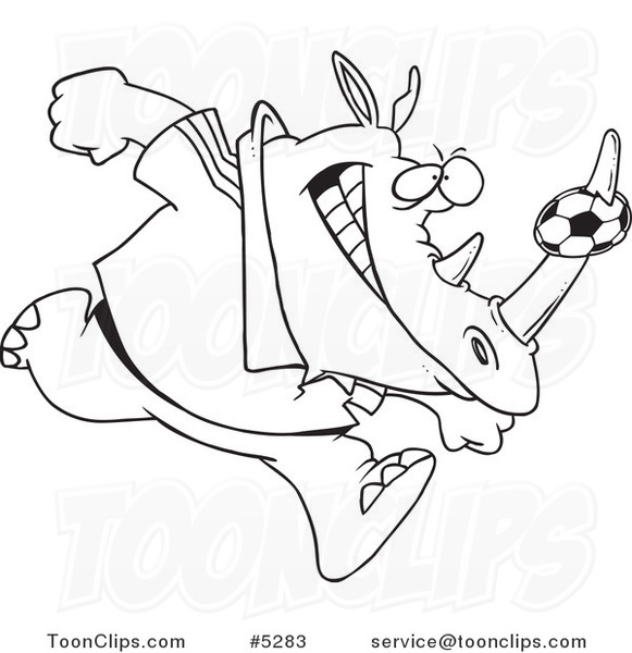 581x600 Cartoon Black And White Line Drawing Of A Rhino With A Soccer Ball - Rhino Line Drawing