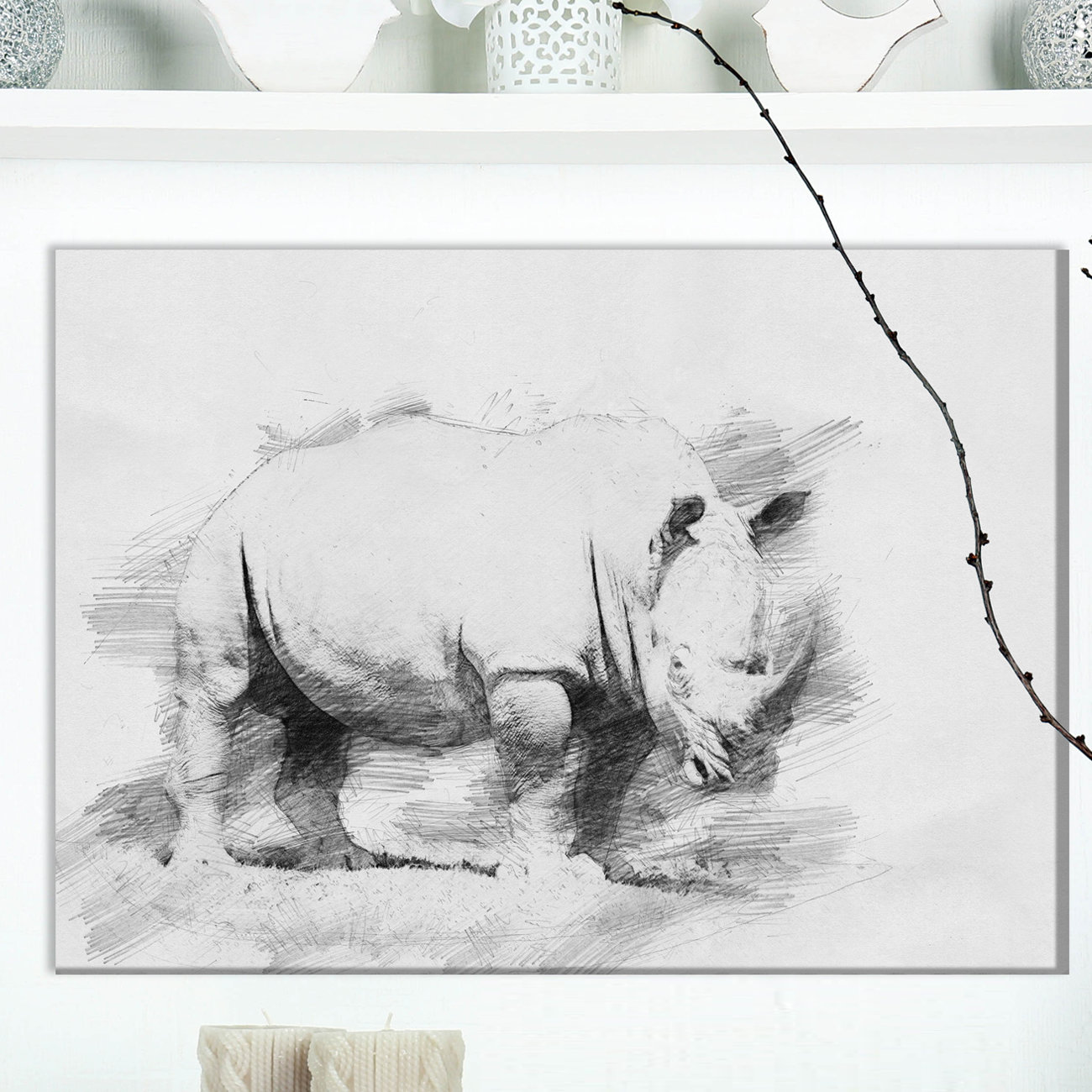 1300x1300 east urban home 'black and white rhino' drawing print on wrapped - Rhinoceros Drawing