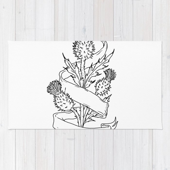 700x700 Scottish Thistle With Ribbon Drawing Black And White Rug - Ribbon Art Drawing