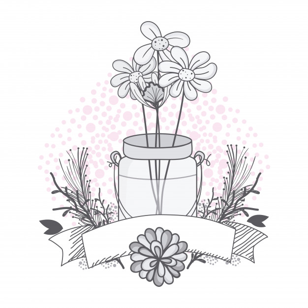 626x626 Flowers In Mason Jar With Ribbon Banner Drawing Design Vector - Ribbon Banner Drawing