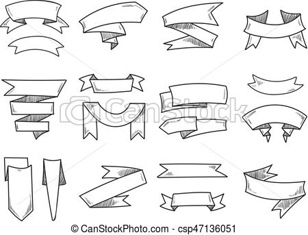 450x343 Vector Blank Doodle Vintage Ribbons, Hand Drawn Retro Banners - Ribbon Drawing