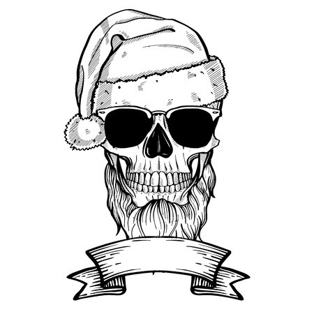 450x450 Line Art, Hand Drawn Skull Of Santa Claus With Mustache, Beard - Ribbon Line Drawing