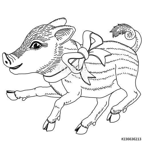 500x499 Pig With Ribbon Line Drawing Template For Engraving, Embroidery - Ribbon Line Drawing