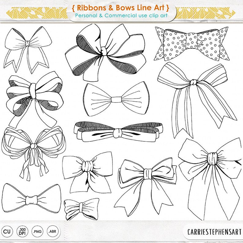 794x794 Ribbons Bows Line Art Tied Bow Clipart Hand Drawn Digital Etsy - Ribbon Line Drawing