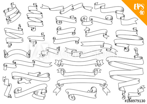 500x352 Hand Drawn Detailed Vector Scroll Ribbons Set In Outline, Contour - Ribbon Outline Drawing