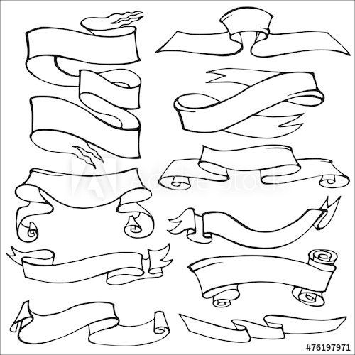 500x500 Old Ribbon Banner Set Hand Drawing Outline - Ribbon Outline Drawing
