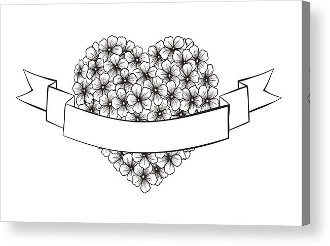651x486 Black And White Outline Flowers In Heart Shape With Ribbon - Ribbon Outline Drawing