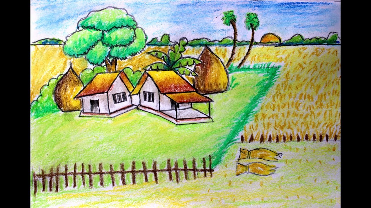 1280x720 how to draw village scenery with paddy field step - Rice Field Drawing