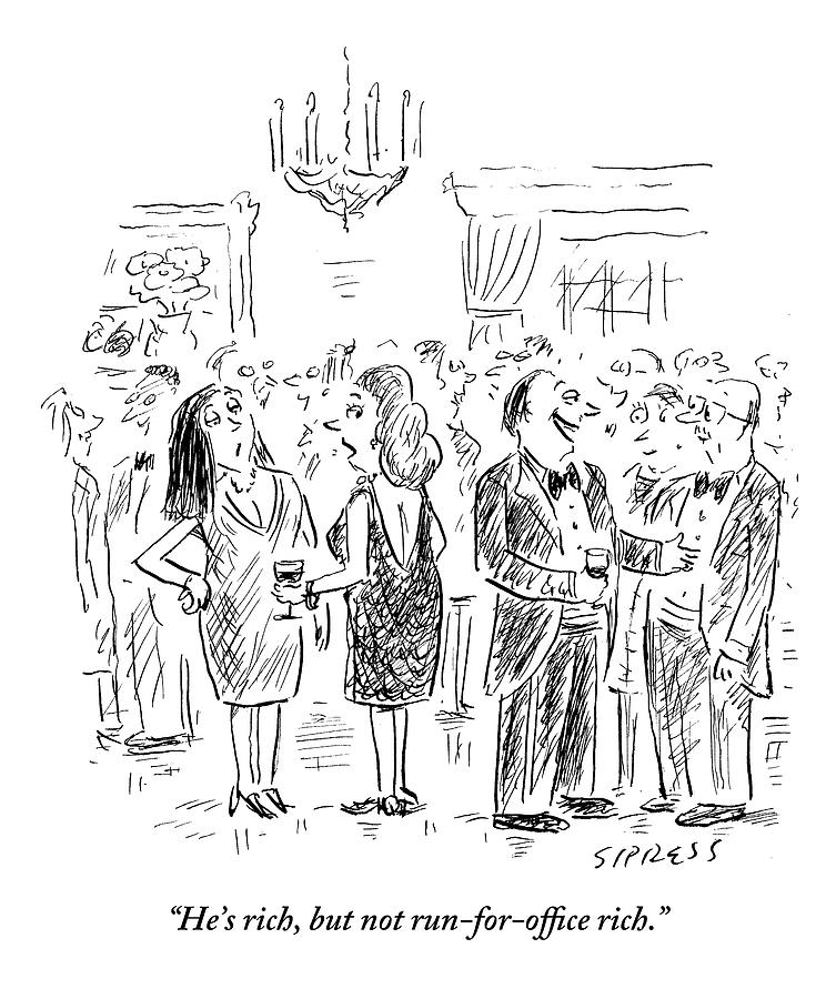 753x900 two women talk about a nearby man at a cocktail drawing - Rich Drawing