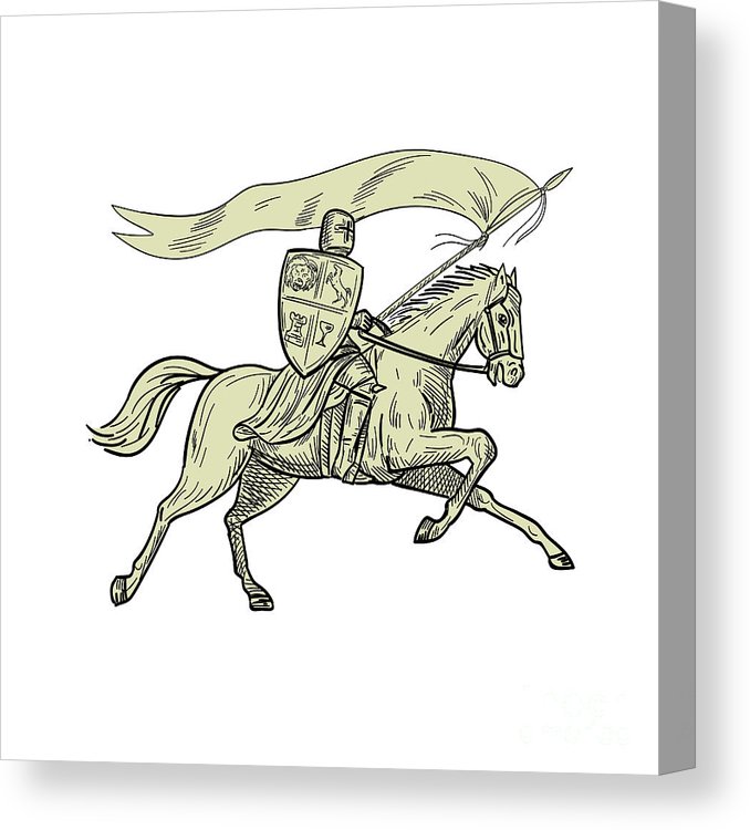 678x750 knight riding horse shield lance flag drawing canvas print - Riding A Horse Drawing