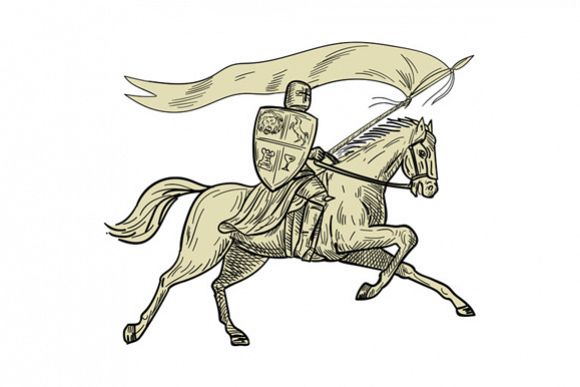 580x387 knight riding horse shield lance flag drawing - Riding A Horse Drawing