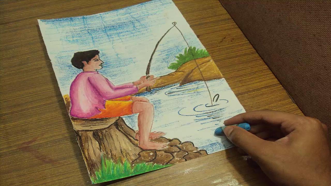 1280x720 how to draw a boy fishing on the bank of a river - River Bank Drawing