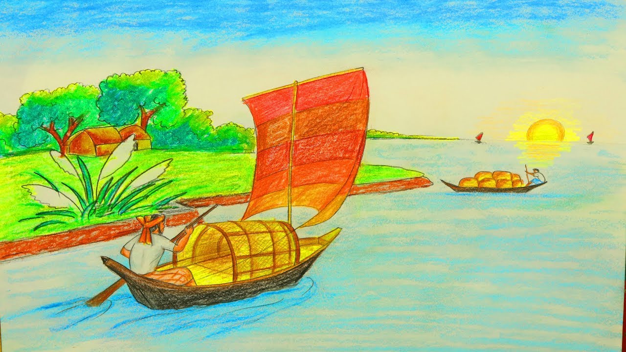 1280x720 How To Draw Scenery Of Village River Side With Boat Learn - River Boat Drawing