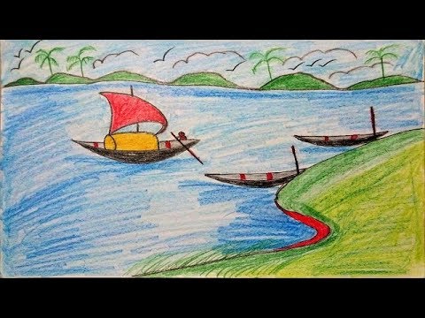 480x360 How To Draw Scenery Of Village River With Boat Landscape Drawing - River Boat Drawing